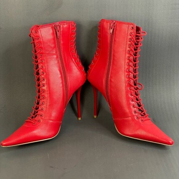 Steve Madden Red Allnight Leather Laced Stiletto Heel Booties womens size 7 new - Picture 5 of 10